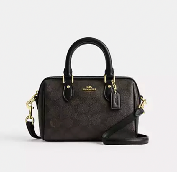 coach165 官網已加價 波士頓 mini size 手提 斜孭袋 小廢包 啡色經典紋 / 黑色皮 平行進口