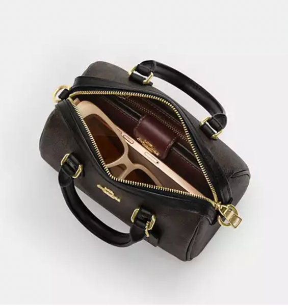 coach165 官網已加價 波士頓 mini size 手提 斜孭袋 小廢包 啡色經典紋 / 黑色皮 平行進口