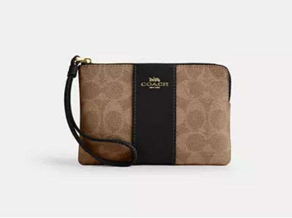 香港現貨 Coach Corner Zip Wristlet In Signature Coated Canvas With Leather Stripe