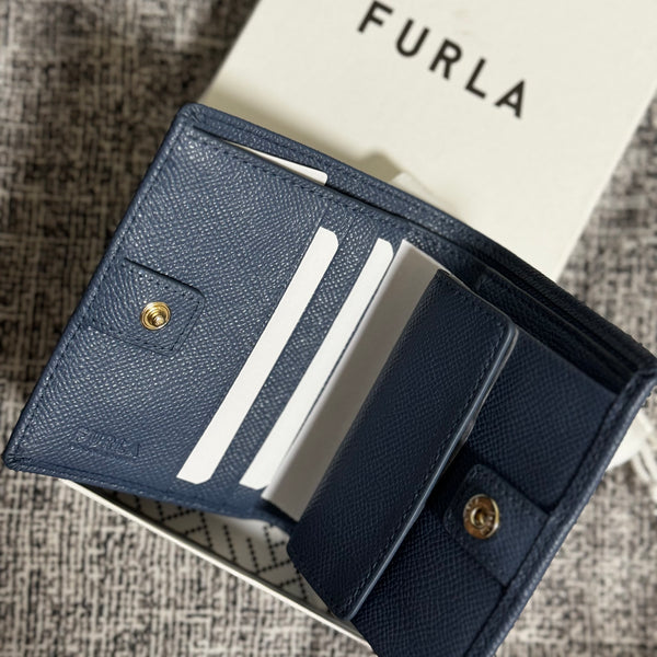 Furla205 香港現貨 禮盒裝 經典皮紋 藍色 2摺銀包 (平行進口)