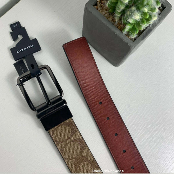 香港現貨  Coach Wide Signature Leather Reversible belt 雙面 皮帶 Brown