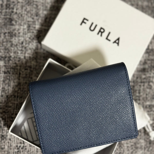 Furla205 香港現貨 禮盒裝 經典皮紋 藍色 2摺銀包 (平行進口)