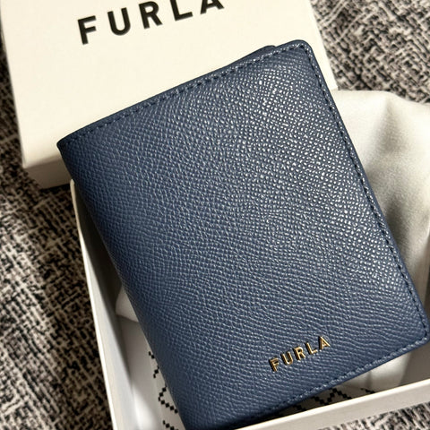 Furla205 香港現貨 禮盒裝 經典皮紋 藍色 2摺銀包 (平行進口)
