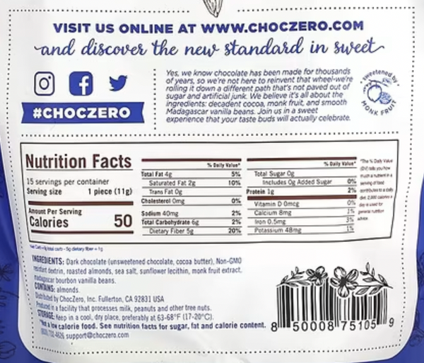 choc001 ChocZero, 無糖海鹽黑巧克力 杏仁味 6oz x 15 塊, 生酮飲食必需買 唔生酮減肥口痕都可以食 【平行進口】