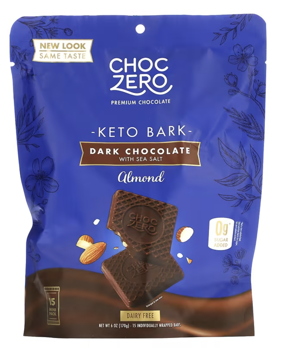 choc001 ChocZero, 無糖海鹽黑巧克力 杏仁味 6oz x 15 塊, 生酮飲食必需買 唔生酮減肥口痕都可以食 【平行進口】