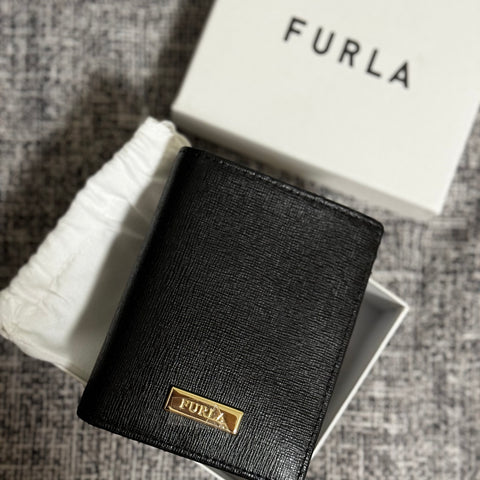 Furla206 香港現貨 禮盒裝 經典皮紋 黑色 2摺銀包 (平行進口)