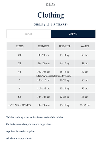 Polo Ralph Lauren 女小童 （1.5-6.5Y）Size Chart