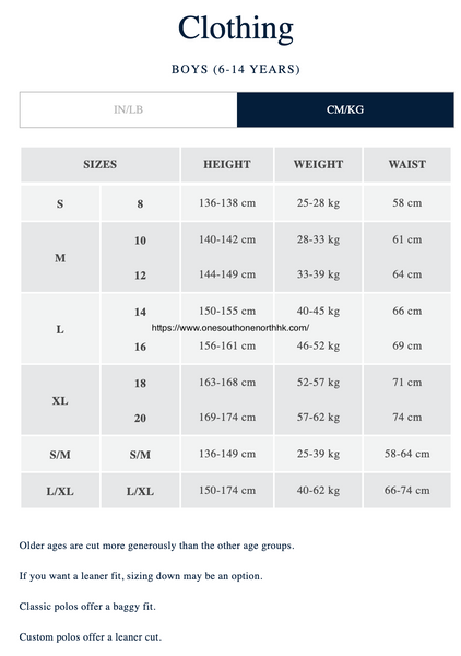 Polo Ralph Lauren 男大童 Size Chart