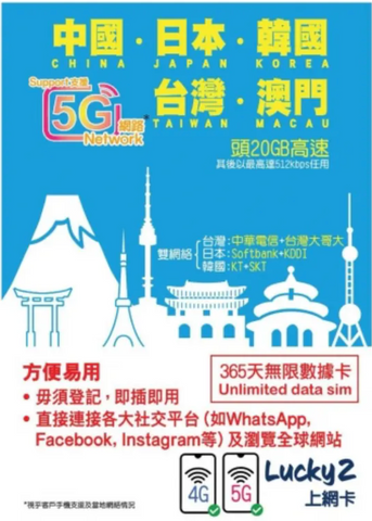 中國 日本 韓國 台灣 澳門 5地年卡 20GB高速 後512kps任用
