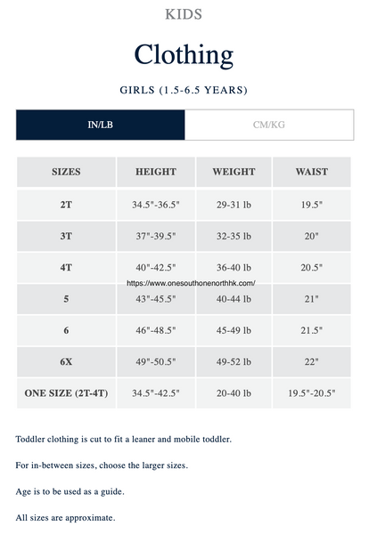 Polo Ralph Lauren 女小童 （1.5-6.5Y）Size Chart