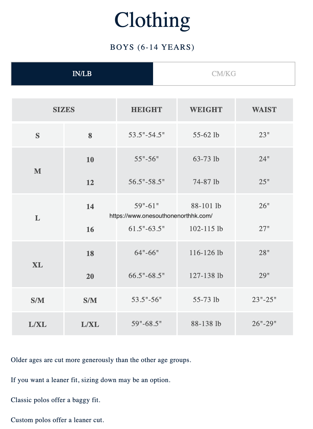 Polo Ralph Lauren 男大童 Size Chart