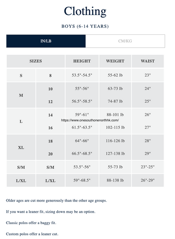 Polo Ralph Lauren 男大童 Size Chart