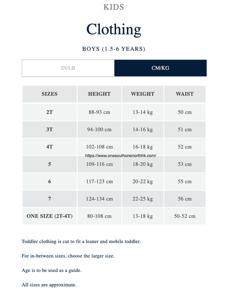 Polo Ralph Lauren 男小童 （1.5-6Y）Size Chart