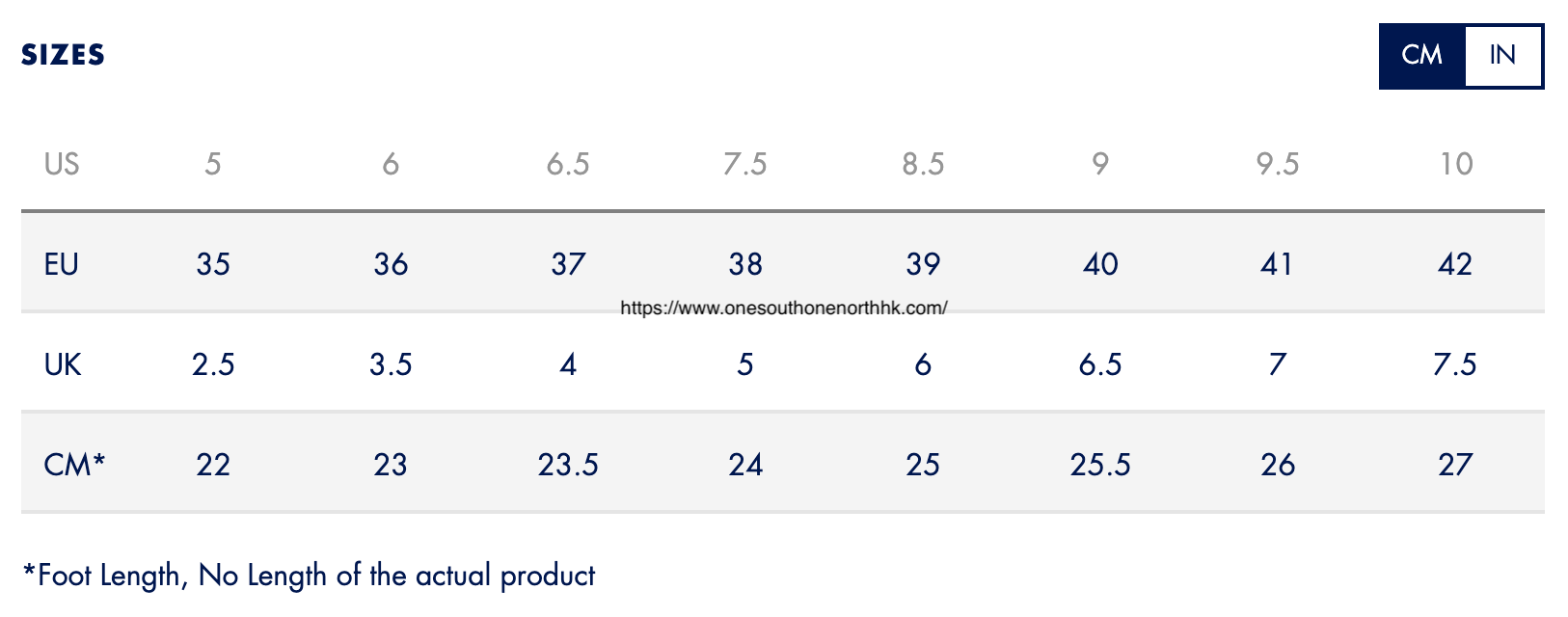 Tommy 女裝鞋Size Chart