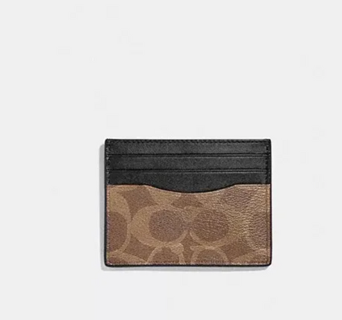 Coach150 黑色配棕色經典皮款 薄身大相位卡片套(平行進口)