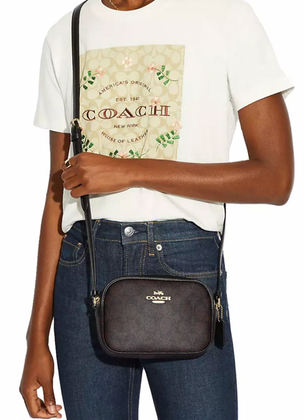 Coach140 香港現貨 迷你 Jamie 相機包 黑色X 啡色經典帆布