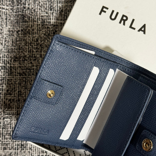 Furla205 香港現貨 禮盒裝 經典皮紋 藍色 2摺銀包 (平行進口)
