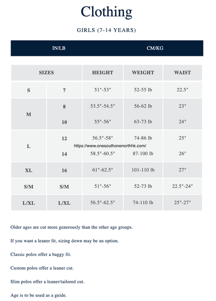Polo Ralph Lauren 女大童 Size Chart