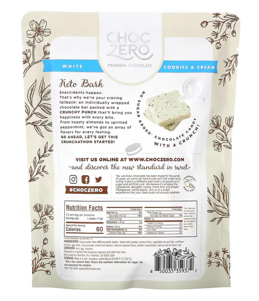 choc006 ChocZero, 無糖白巧克力 餅乾和奶油  6oz x 15 塊, 生酮飲食必需買 唔生酮減肥口痕都可以食 【平行進口】