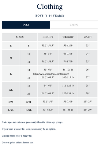 Polo Ralph Lauren 男大童 Size Chart