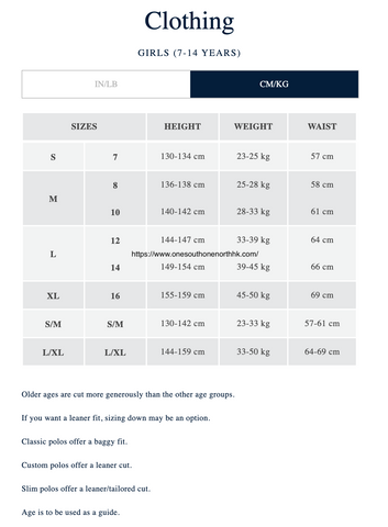 Polo Ralph Lauren 女大童 Size Chart